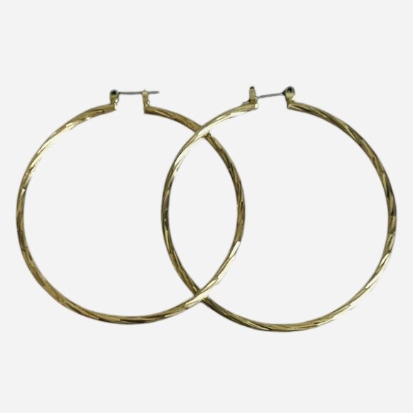 Gold Textured Hoop Earrings Twisted Ribbed Large Statement Jewelry 2 Inch VG - Picture 2 of 3